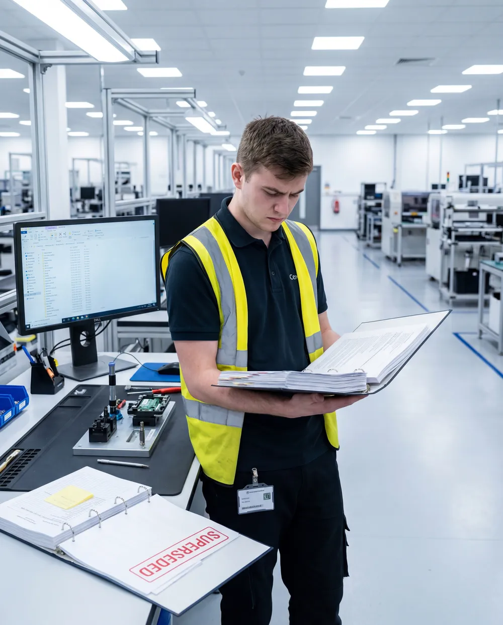 Employee using a tablet in a modern factory