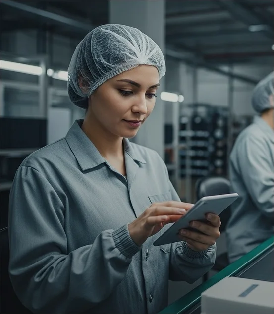 Employee using a tablet in a modern factory