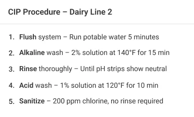 Workflow Assistant CIP procedure instructions for Dairy Line 2.
